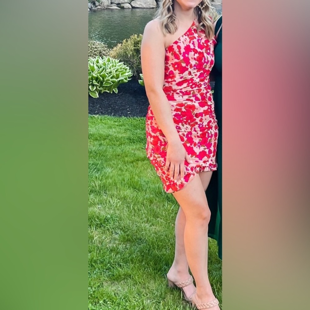 Red floral one shoulder mini dress